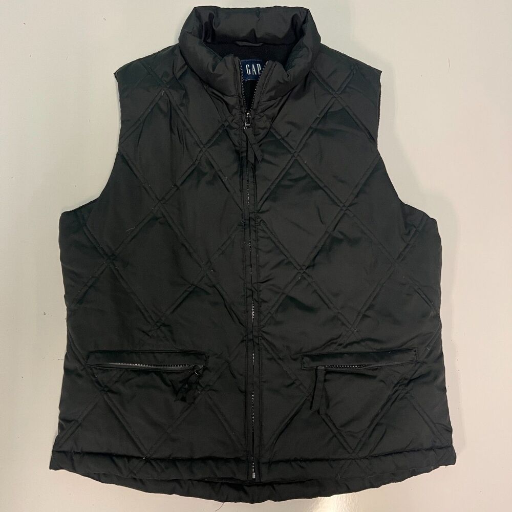 Vintage Gap Vest Diamond Quilted Fleece Lined Black Full Zip Y2K Womens Puffer